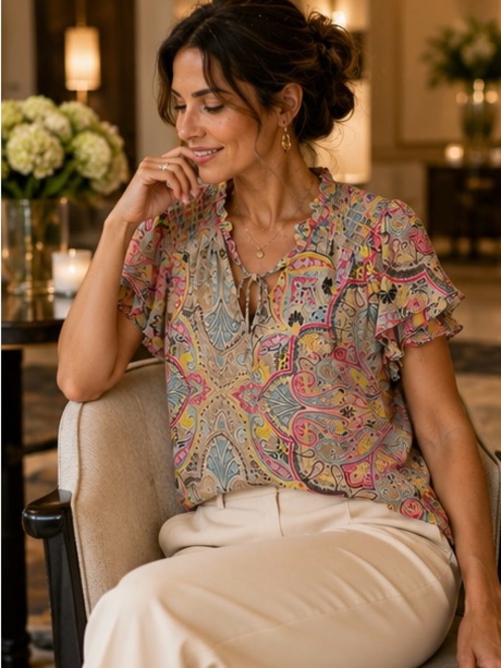 Calvin Klein Paisley Smocked Ruffle Flutter Sleeve Blouse Large - Picture 12 of 13